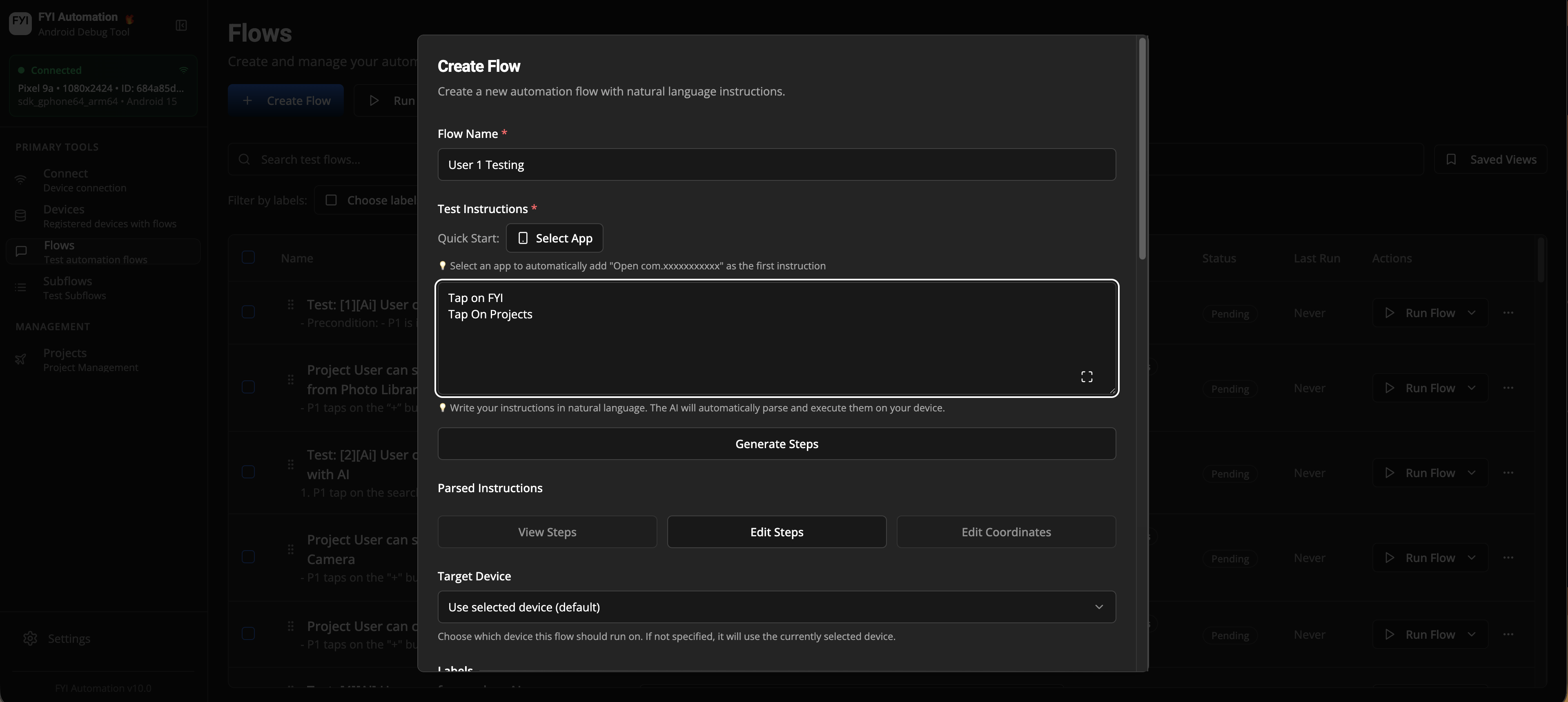 Flow Creation Interface